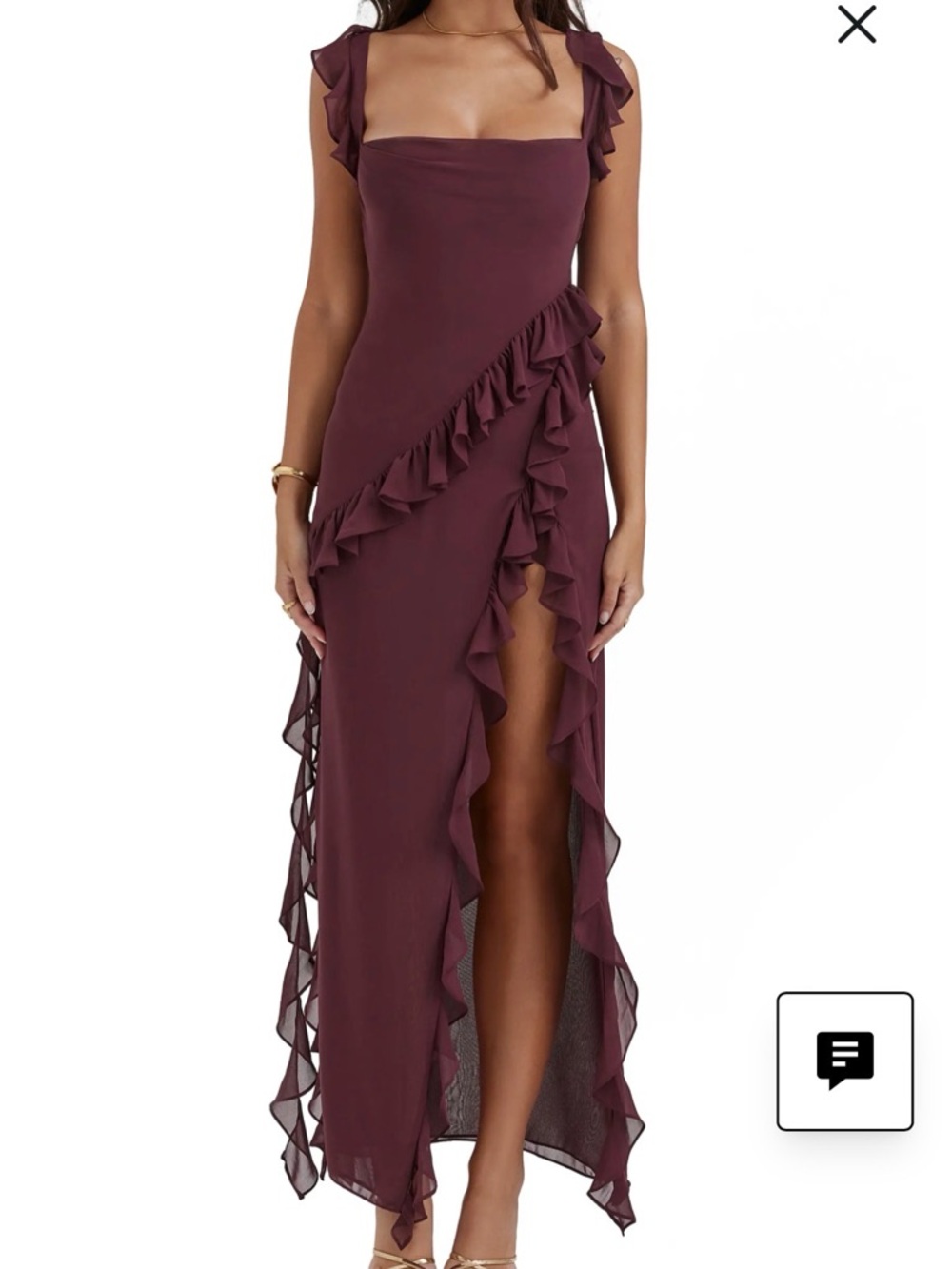 House of CB Burgundy Ruffle One-Shoulder Slit Maxi Dress